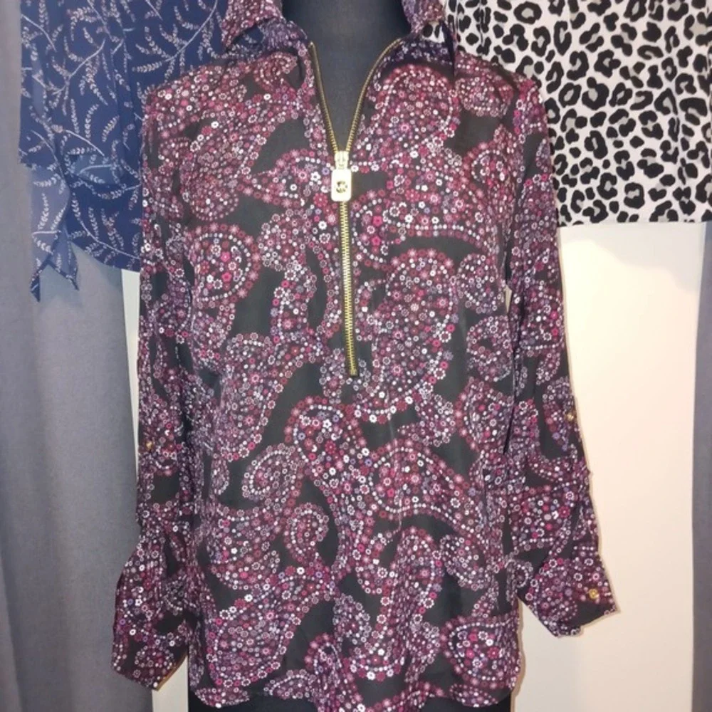 3 MICHAEL‎ KORS Tops Black Purple Paisley Animal Blouse Zip Long Sleeve Shirt M